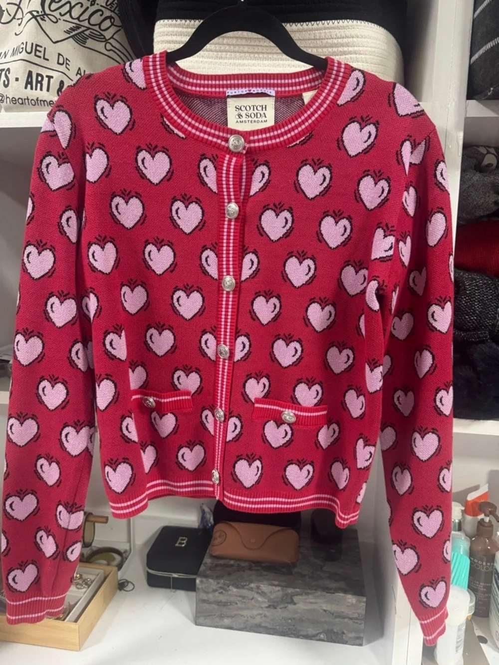 Scotch & Soda Heart Cardigan Red Pink Knit Sweater Size M Amsterdam Cute Preppy - Picture 3 of 6